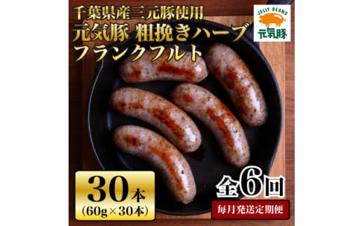 ＜毎月定期便＞元気豚 粗挽きハーブフランクフルト 30本セット 1.8kg(60g×30本)全6回【4055502】