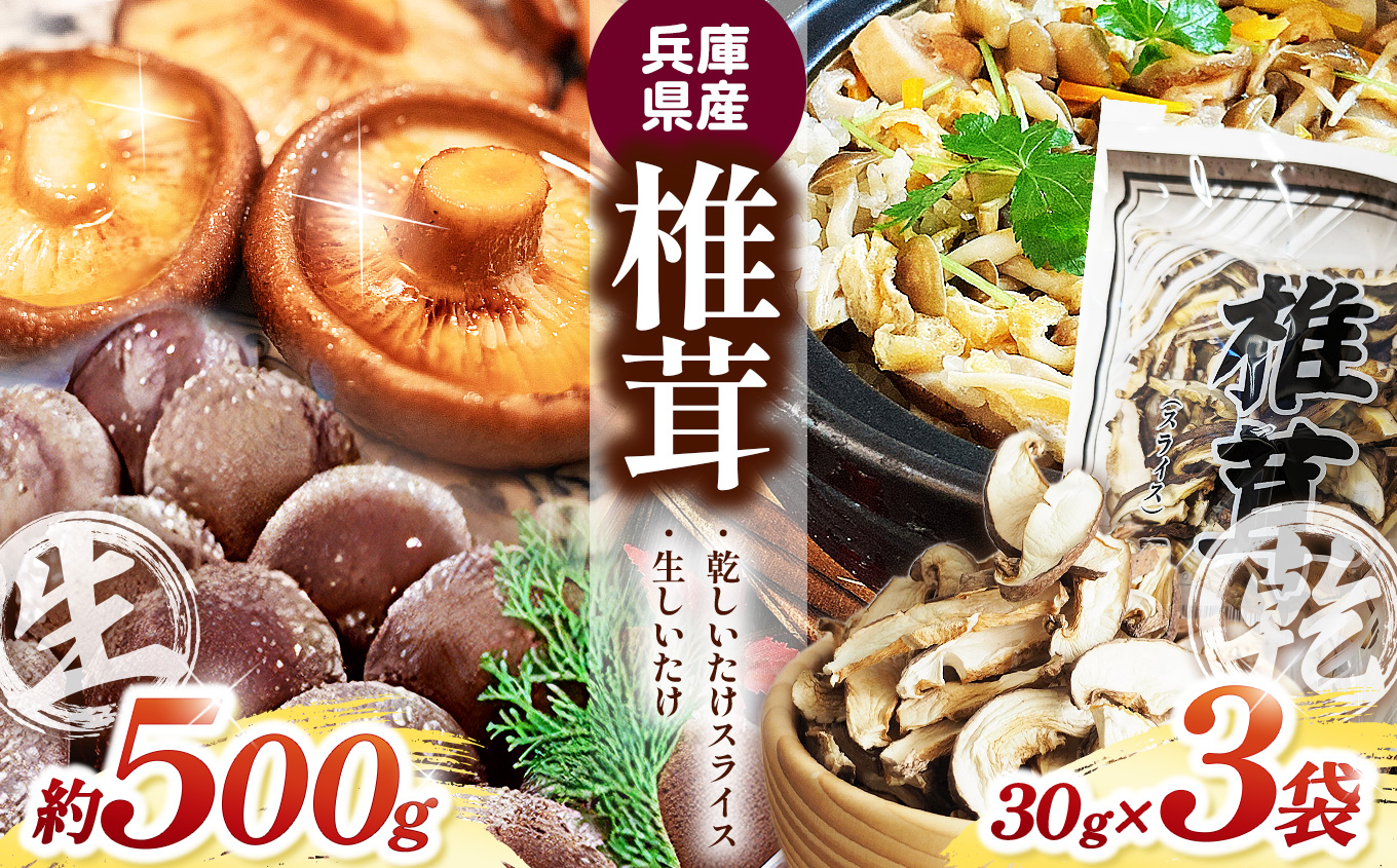 生椎茸「しいたけ小町」500gと乾しいたけ(ｽﾗｲｽ)3袋ｾｯﾄ | 兵庫県 上郡町 兵庫県産 しいたけ 椎茸 きのこ 茸