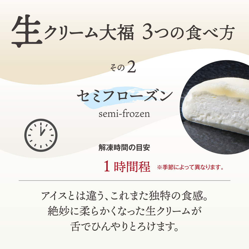 富貴堂 生クリーム大福（いろどり20個セット）フローズン・セミフローズン・ノーマル ３スタイルの食感│人気 おいしい 生クリーム 大福 だいふく 美味しい　なめらか もちもち 老舗_イメージ3