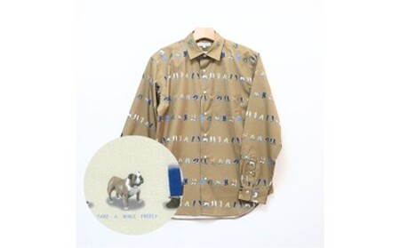 CLOFT 綿100％長袖プリントシャツ”自由に歩こう”犬と散歩柄（C/＃34モカ）L 0139-021-S07-5