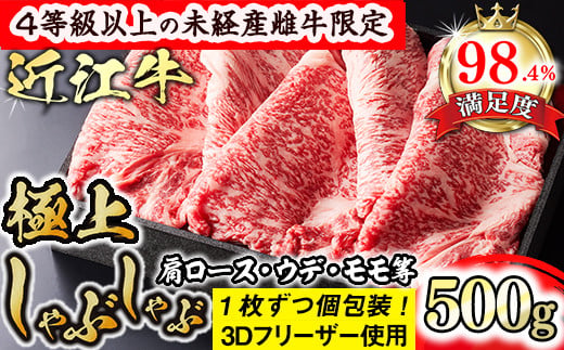 【森三商会】4等級以上の未経産雌牛限定　近江牛極上しゃぶしゃぶ500g（肩ロース・ウデ・モモ等）【GM07W】（国産牛　和牛　ブランド牛　ブランド和牛　黒毛和牛　牛肉　肉　高級　人気　おすすめ　神戸牛　松阪牛 に並ぶ 日本三大和牛 近江牛）