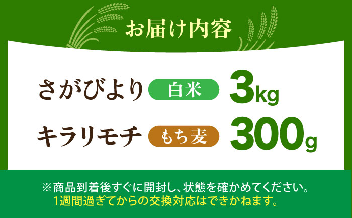 白米・もち麦セット（ さがびより3kg ・ キラリモチ 300g ）【大塚米穀店】 麦 もち麦 米 精米 [HBL093]