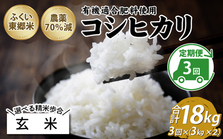 【玄米】【定期便3ヶ月連続】令和6年産 新米 ふくい東郷米 特別栽培米 農薬70％減 コシヒカリ 6kg(3kg×2袋)×3ヶ月 合計18kg[E-020021_02]