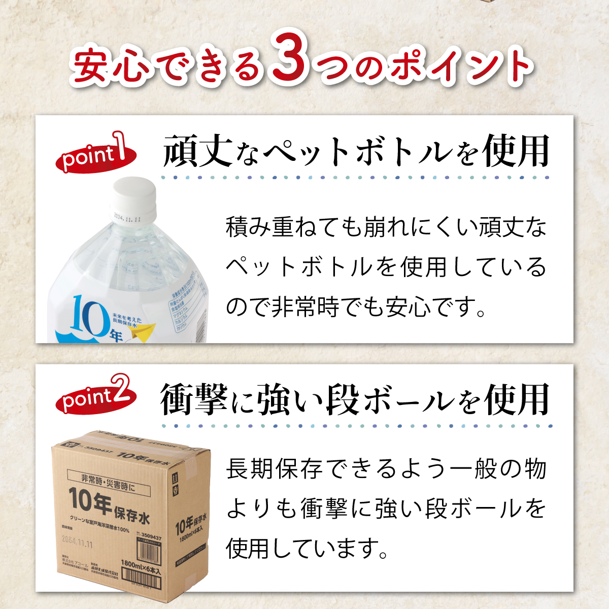 災害・非常時保存用「１０年保存水」（１０年保存可能）１.８リットル×６０本セット　計１０８L