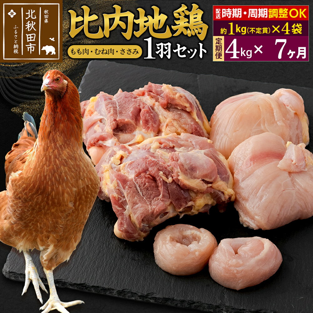 【ふるさと納税】《定期便7ヶ月》 比内地鶏 1羽セット（もも肉・むね肉・ささみ）約4kg（約1kg（不定貫）×4袋）×7回 計28kg 時期選べる お届け周期調整可能 7か月 7ヵ月 7カ月 7ケ月 28キロ 国産 冷凍 正肉 鶏肉 鳥肉