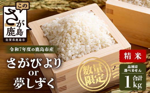 
            令和7年産 鹿島市産 [さがびより or 夢しずく] 1kg 1袋 【品種指定不可】 精米 白米 小分け 少量 低容量 AA-73
          
