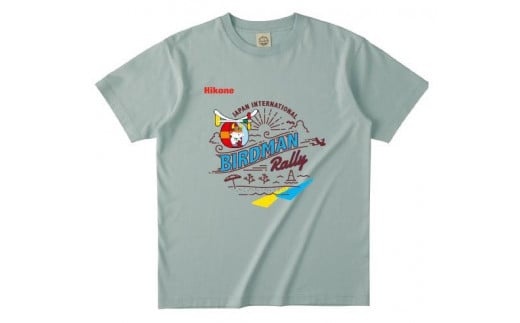 ひこにゃん×鳥人間Tシャツ かすみグリーン １枚 L サイズ ふるさと納税限定デザイン Tシャツ グレー オーガニックコットン コットン 綿 100％ 衣料 ファッション ご当地キャラ ひこにゃん 鳥人間 鳥人間コンテスト スタッフT   滋賀 彦根