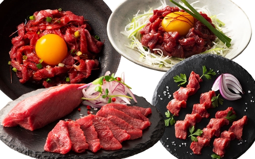 ＜ R8年熊本地震復興支援 ＞【 本場 ・ 熊本特産 】 馬刺し4種の食べ比べセット （ ふじ馬刺し上赤身 ・ ユッケ、国産馬刺し赤身 ・ ユッケ ） 馬刺し 馬刺 お肉 肉 ニク にく 馬肉 馬 赤身 タレ付き 生姜 生姜付き 食べ比べ セット 詰め合わせ 冷凍