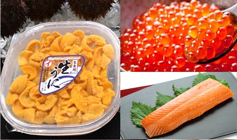 エゾバフンウニ塩水パック150g×1P、いくら醤油漬け(鱒卵)150g×1P、お刺身サーモン300g～500g(1～3本)[11月下旬以降発送] E-71043