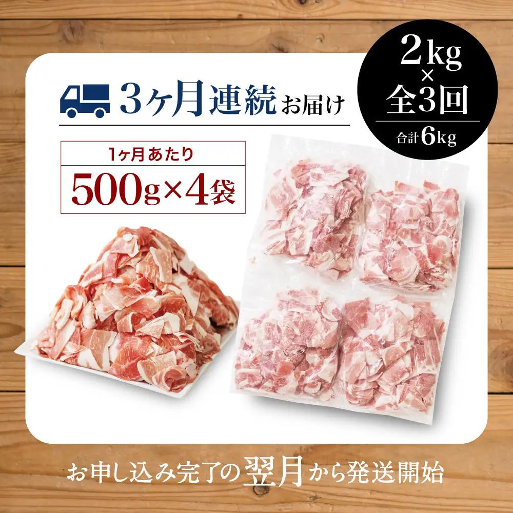 【定期便：3ヶ月連続】鹿児島県産 豚こま切れ定期便 2kg×3回(合計6kg) コマ切れ 細切れ 小分け 炒め物 冷凍 バラ凍結 お肉 豚肉 スターゼン