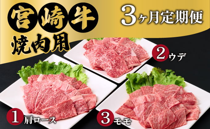 【定期便・全3回】宮崎牛 焼肉用 3ヶ月定期便 肩ロース焼肉用 ウデ焼肉用 モモ焼肉用 合計1.2kg 焼肉用 スライス お肉 牛肉 すき焼き BBQ 宮崎県 送料無料 【MCT3UY-12】