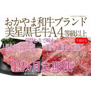 【定期便12か月】岡山　黒毛和牛　美星牛　A４等級以上　牛脂付き　１２か月定期便 合計約４８００g　 生産者直送便　美星牧場　定期便
