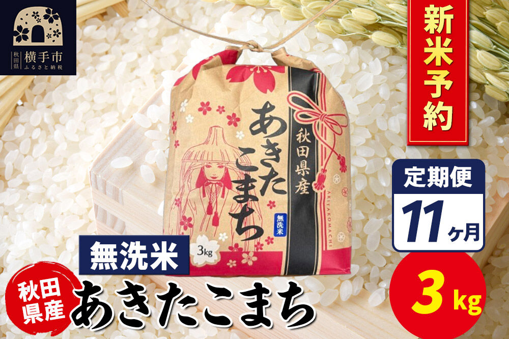 《令和8年産 新米受付》《定期便11ヶ月》あきたこまち 3kg×1袋【無洗米】令和8年産 秋田県産 こまちライン [新米 先行予約 こまちライン あきたこまち ブランド米 お米 無洗米 精米 米どころ