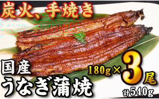 
            【炭火・職人手焼き】　国産うなぎ蒲焼　約180g×3尾・たれ・山椒　和食竜むら
          