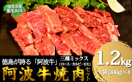 牛肉 阿波牛 焼肉用ミックス（ロース・カルビ・モモ）たれ漬け 1.2kg（300g×4） 国産 肉 カルビ 味付け 柔らか 霜降り ご飯 米 焼肉 BBQ 冷凍 モモ ロース 小松島市