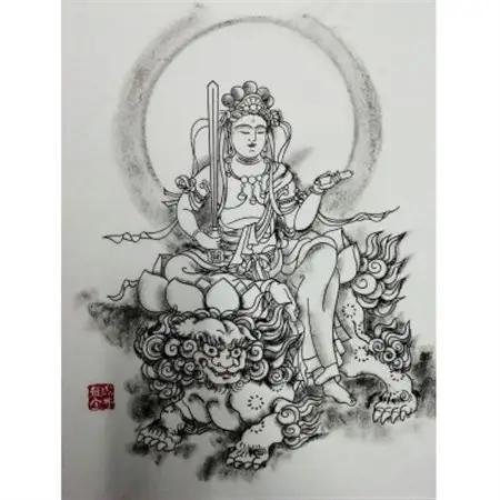 手描きTシャツ 仏画 文殊菩薩 白 (半袖 Mサイズ)【1615173】