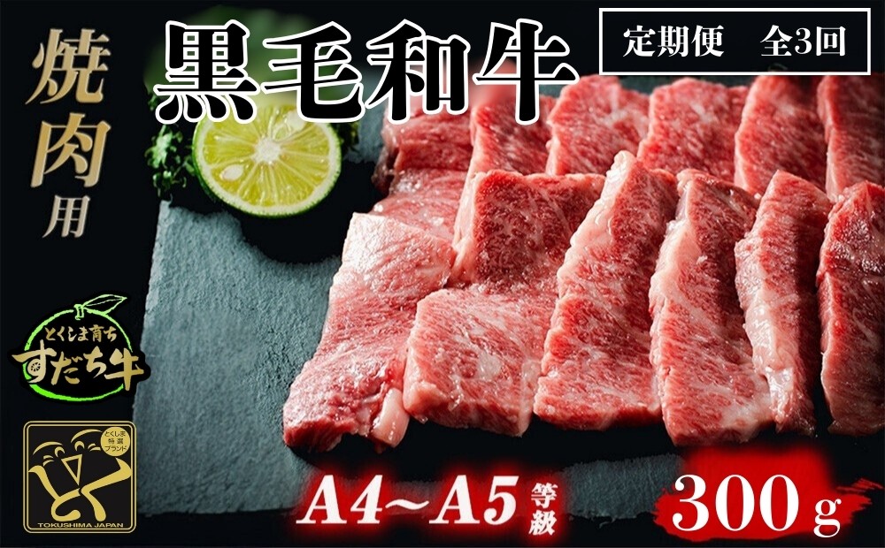 
定期便 3回お届け すだち牛黒毛和牛（焼肉用）300g 合計900g
