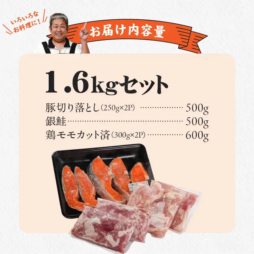 ≪肉×魚≫小分け3種セット(豚切り落とし250g×2P・鶏モモカット済300g×2P・銀鮭500g)〔13-8402〕_(都城市) 小分けパック 冷凍 お弁当 おかず