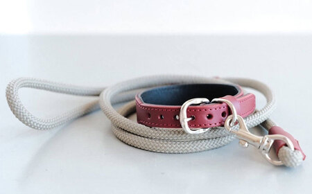 牛革で作った小型犬用の首輪とリードのセット ＜21.5cm～27.5cm＞ レッド 首輪 リード 牛革 本革 ペット用品 ペットグッズ 犬用品 お散歩グッズ 小型犬【トリノネストア】sh103-A
