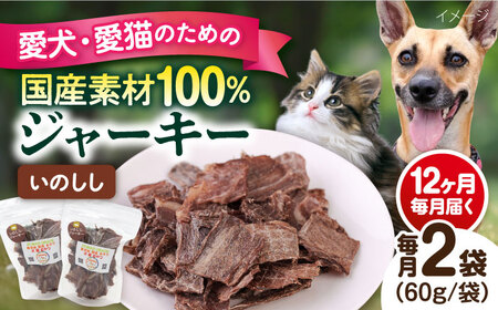 【全12回定期便】いのししジャーキー（60g×2袋） ペット 犬 猫 手作り 国産 てづくり こだわり ドッグフード  ドッグフード ペットフード 横須賀 【ペットフードYM japan】 [AKEX025]