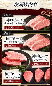 【毎月定期便】神戸牛ステーキ豪華頒布会全6 | ステーキ サーロイン ヘレステーキ もも モモ ロース ミニステーキ カタロースステーキ 肩ロース 肉 牛肉 神戸牛 定期便 兵庫県 上郡町