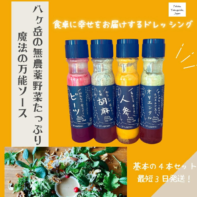 ドレッシング 4本 セット 有機 野菜 調味料 人参 胡麻 玉ねぎ ビーツ 万能 フェリチタ Instagram レシピ公開 サラダ 万能調味料 送料無料