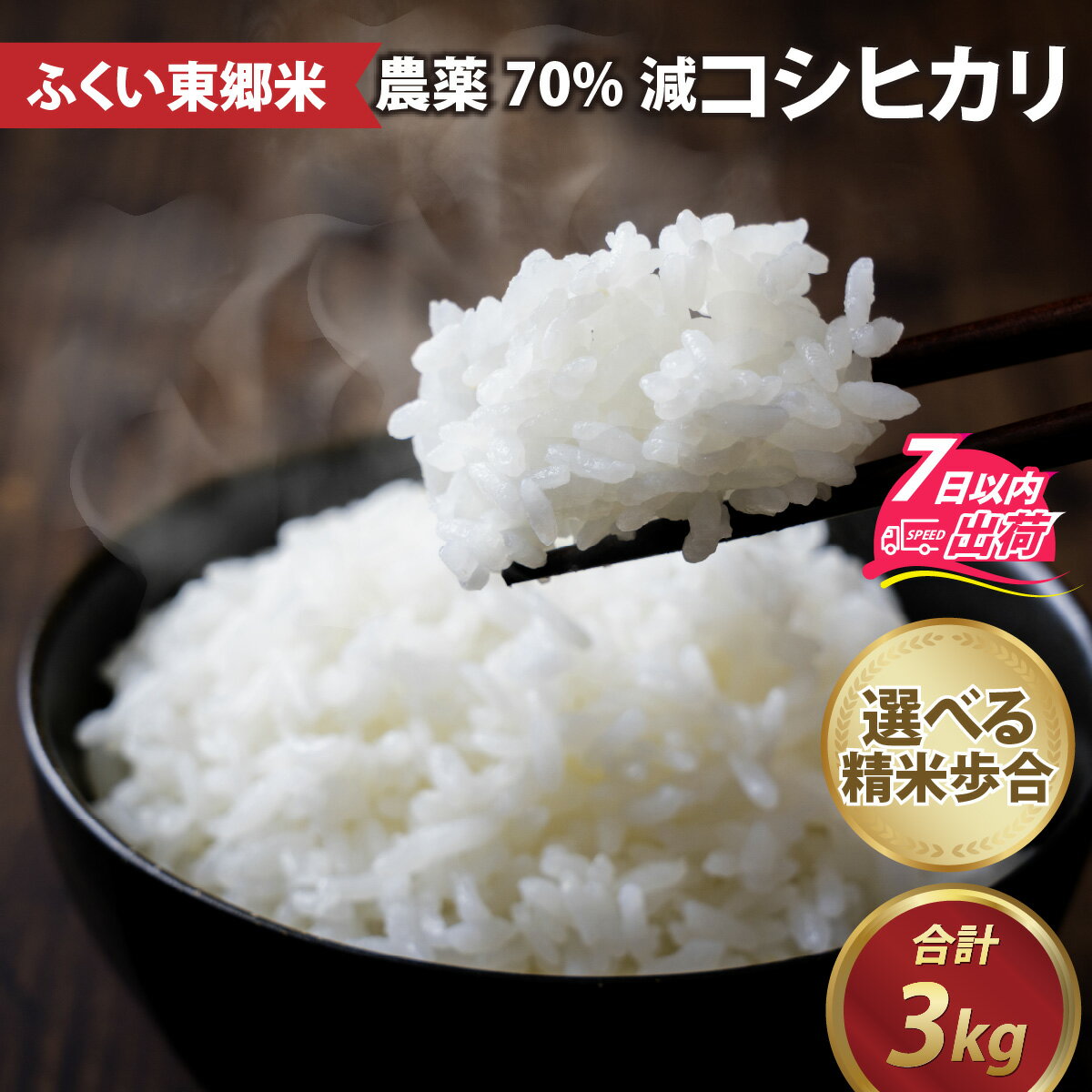 【ふるさと納税】【先行予約】令和7年産 ふくい東郷米 特別栽培米 農薬70％減 コシヒカリ 3kg 「2025年9月初旬より順次発送」 [A-020007] / 真空パック 米 こしひかり 国産 福井県 福井市 無洗米 玄米 白米 精米 3キロ お米 コメ 生産者直送 有機肥料栽培 化学肥料不使用