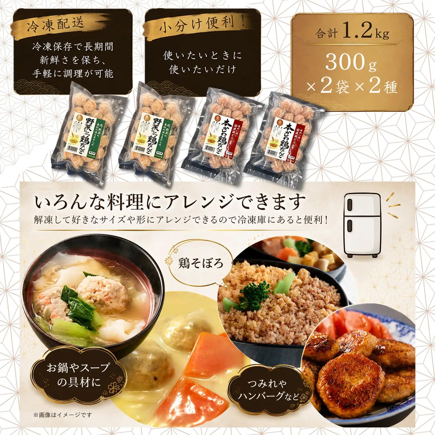 鶏だんご2種（本かしわ・野菜たっぷり）合計1.2kg（300g入り×各2袋）鍋用だんご