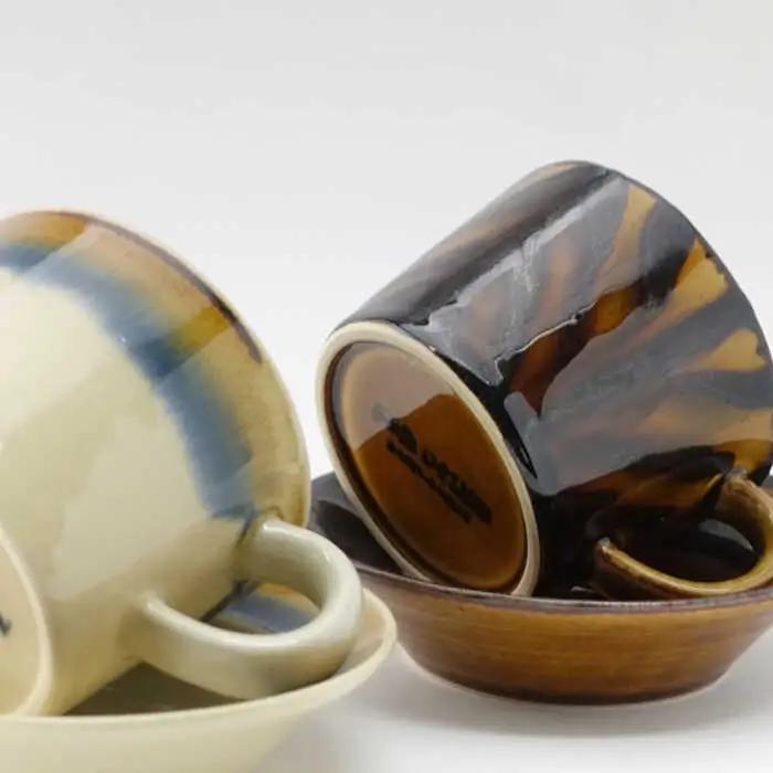 【波佐見焼】Folk Design 二色巻・矢羽根飴釉 コーヒー碗皿 カップ・ソーサー ペアセット 食器 皿 【玉有】 [IE20] 波佐見焼