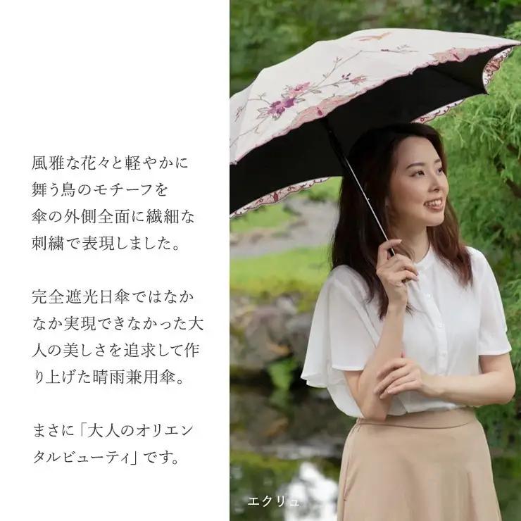 【シノワズリーモダン京都】花鳥刺繍ミニ折りたたみ晴雨兼用日傘 グレー