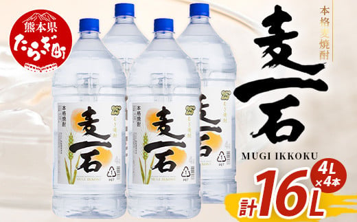 【年内お届け】メガボトル4L×4本！ 純 麦焼酎【麦一石】4L エコペット 25度 計16L 【2024年12月18日～28日発送】 焼酎 蔵元直送 040-0588-R612