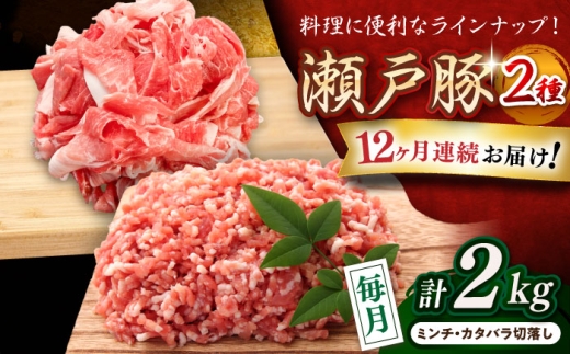 【全12回定期便】 瀬戸豚 豚肉2種セット(ミンチ＋カタバラ切り落とし)  計2kg / 豚肉 小分け ミンチ 切り落とし / 瀬戸市 / 関屋精肉店 [BBBQ191]