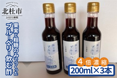 果実と粗糖のみでつくったブルーベリー飲む酢　200ml×3本 ４倍濃縮 ビネガー 果実酢 フルーツ 酢 ドリンク 濃縮 ハイブッシュブルーベリー 熟成 まろやか 果実丸ごと ドレッシング 隠し味 添加物不使用 化学調味料無添加 合成保存料 着色料 香料 不使用 ギフト 山梨県 北杜市