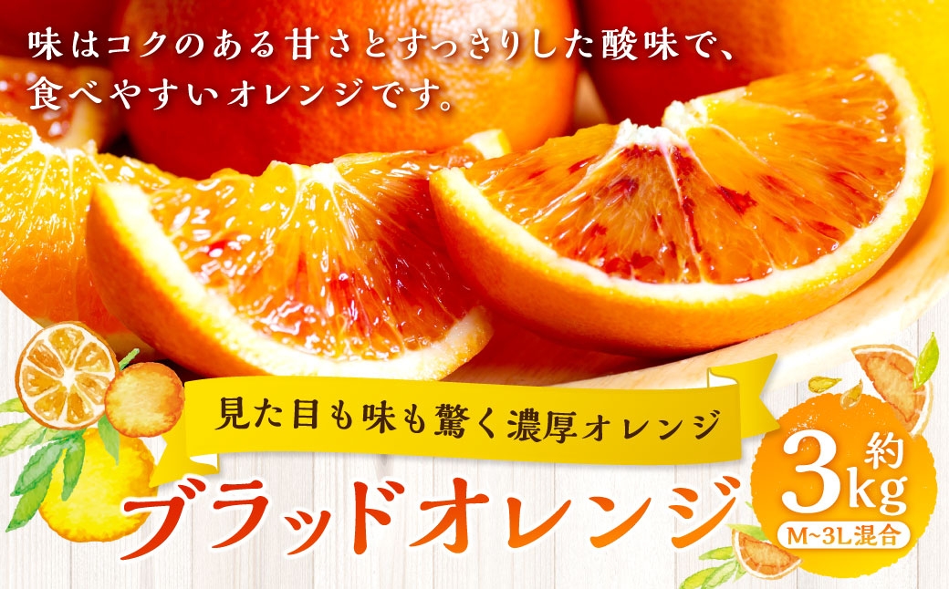 
                  【 見た目も味も驚く濃厚オレンジ 】 ブラッドオレンジ 約3kg オレンジ おれんじ 柑橘 柑橘系 柑橘類 みかん ミカン くだもの 果物 フルーツ 果実 果汁 果肉 国産 愛媛県産 【 2027年2月下旬～4月上旬発送予定 】 ( 1070 )
                