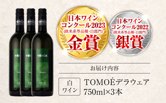 白ワイン TOMOEデラウェア 白 やや辛口 750ml×3本 ワイン 受賞 ギフト 広島 人気 おうち ディナー ランチ お酒 パーティー わいん 三次市 / 広島三次ワイナリー [APAZ090]