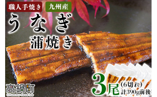 
＜職人手焼き九州産うなぎ 蒲焼き3尾（6切れ）計390g前後＞翌月末迄に順次出荷
