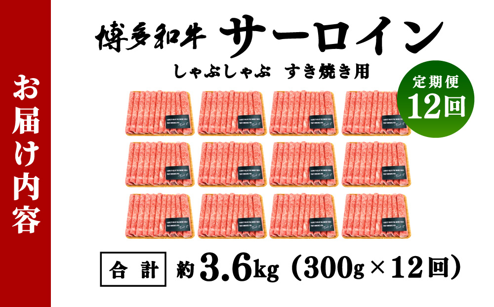 ＜定期便・全12回＞【厳選部位！】博多和牛 サーロイン しゃぶしゃぶ すき焼き用 300g