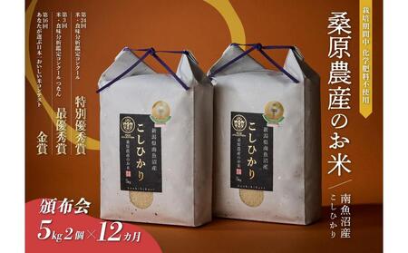 【頒布会】R7年産　最優秀賞受賞【8割減農薬】最高峰南魚沼産こしひかり10kg（5kg×2）×12ヶ月　桑原農産のお米(精米)