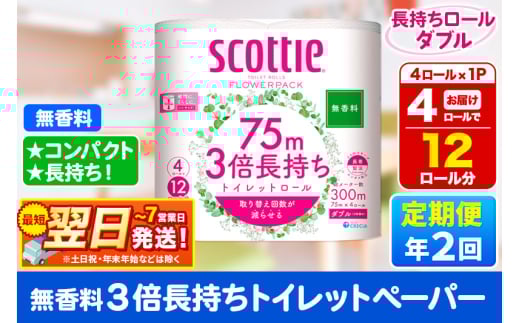 《6ヶ月ごとに2回お届け》定期便 スコッティ フラワーパック 3倍長持ち 4ロール(ダブル)〈無香料〉×1パック【レビューキャンペーン中】 秋田市オリジナル