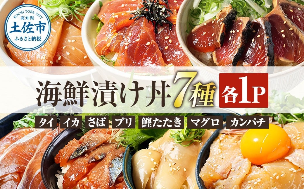 
            高知 海鮮漬け丼の素（7種×各1P）セット 鯛 鮪 鰤 カンパチ サバ 鰹たたき イカ いか 天然 漬け 丼 素 海鮮 醤油漬け 小分けパック 手巻き寿司 お茶漬け 鯛茶漬け お取り寄せ 食べ比べ お試し 詰め合わせ 海鮮丼 個包装 冷凍 食品 高知 9000円 7袋
          