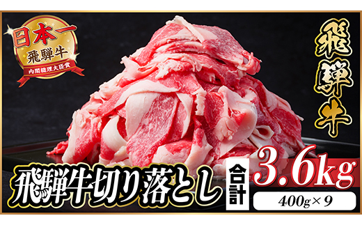 飛騨牛 切り落とし 約3.6kg(約400g×9パック)【冷蔵便】A4～A5等級 黒毛和牛 小分け【配送不可地域：離島】