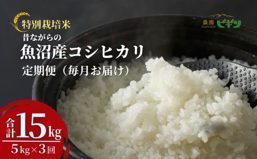 令和7年産 昔ながらの魚沼産コシヒカリ 精米15kg(5kg×毎月全3回) 農園ビギン【0002-BN09DB00-01】