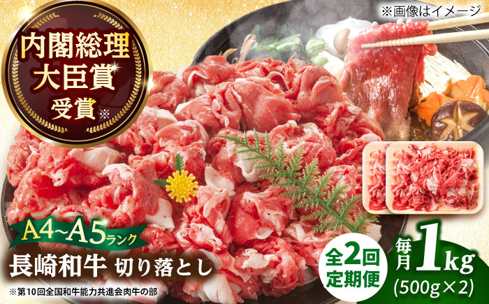
            【全2回定期便】【A4～A5】長崎和牛切り落とし　1kg(500g×2p）【株式会社 MEAT PLUS】 [DBS053]長崎和牛 和牛 国産 牛肉  長崎和牛切り落とし 1kg 500g 2パック2回定期便 定期便 2回
          