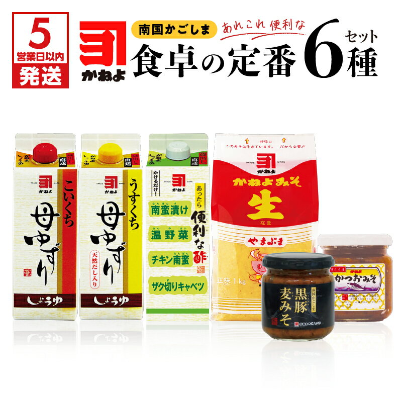 【ふるさと納税】【5営業日以内に発送】 かねよ みそ しょうゆ 南国 かごしま 食卓 定番 6種セット 送料無料 鹿児島市 九州 調味料 加工品 濃口醤油 淡口醤油 便利な酢 紙パック 麦味噌 かつおみそ 黒豚麦みそ 瓶 かねよ醤油 九州醤油 甘口 濃口 淡口 かつお 黒豚 麦みそ