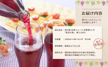 【6か月定期便】ぶどうジュース 「紫宝の恵」 ストレート果汁100％  (1L×4本) | ぶどうジュース