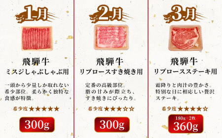 飛騨牛 希少部位 定期便 全6回 計1.86kg 2人前相当 すき焼き しゃぶしゃぶ ステーキ 焼肉 BBQ リブロース ランプ イチボ とも三角 ミスジ  ブランド牛 牛肉 肉 肉のひぐち