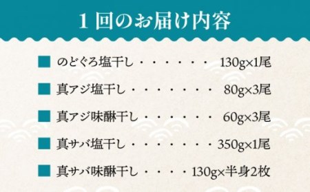 【全12回定期便】のどぐろ入り高級一夜干し詰め合わせ10枚 魚 干物 アジ サバ 塩干し みりん干し 五島市 / 愛情食彩 [PCH008]