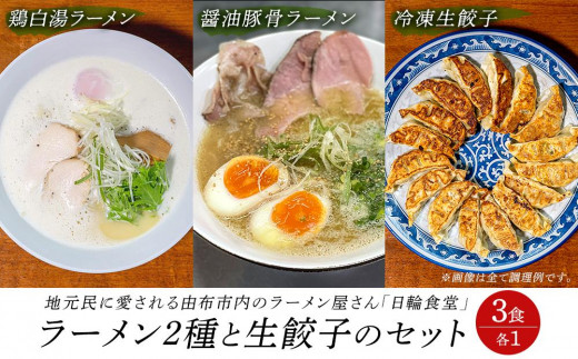 
日輪食堂のラーメン2食（鶏白湯・醤油豚骨）と生餃子16個のセット
