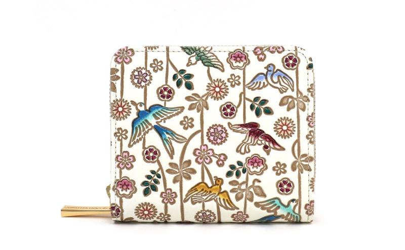 【文庫屋大関】二つ折りファスナーミニ財布 枝垂れ花鳥【皮革工芸品】財布 二つ折り 小物 お札 カード 小銭 コンパクト 牛革 手作り 日本製 墨田区 東京都