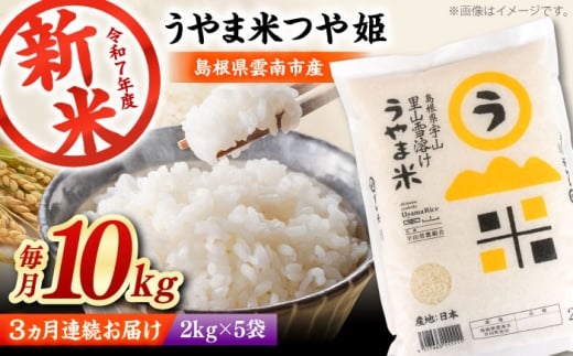 お米【全3回定期便】神話の里/吉田町「うやま米」つや姫 10kg（2kg×5）白米 精米 コメ おこめ お米 つやひめ 定期便 おすすめ 人気 米 ごはん ご飯 食卓 主食 ブランド米 お取り寄せ グルメ ご当地米 家族 ファミリー 一人暮らし 便利 おいしい ごはんソムリエ ミネラル 国産 新生活 お弁当 朝ごはん 朝食 昼食 ご当地 島根県雲南市/有限会社藤本米穀店 [AIDB091]